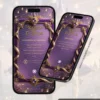 Convite de 15 anos Rapunzel com sugestões de presente, incluindo roupas, sandálias, perfumes, livros e opção de presente via Pix, em design roxo e dourado.