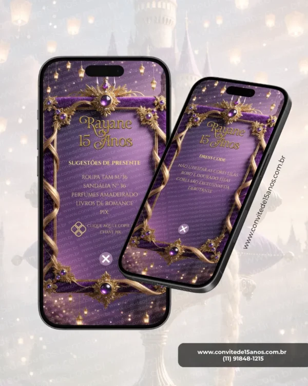 Convite de 15 anos Rapunzel com sugestões de presente, incluindo roupas, sandálias, perfumes, livros e opção de presente via Pix, em design roxo e dourado.