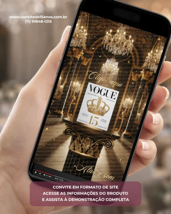 Convite de 15 anos revista Vogue, com design sofisticado em preto e dourado, coroa, revista temática e elementos de luxo.