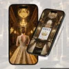 Convite de 15 anos revista Vogue página interna, com imagem de debutante em vestido dourado, lustres e decoração luxuosa em tons de preto e dourado.
