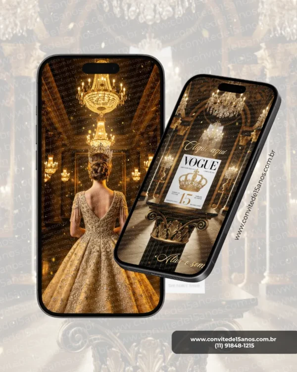 Convite de 15 anos revista Vogue página interna, com imagem de debutante em vestido dourado, lustres e decoração luxuosa em tons de preto e dourado.