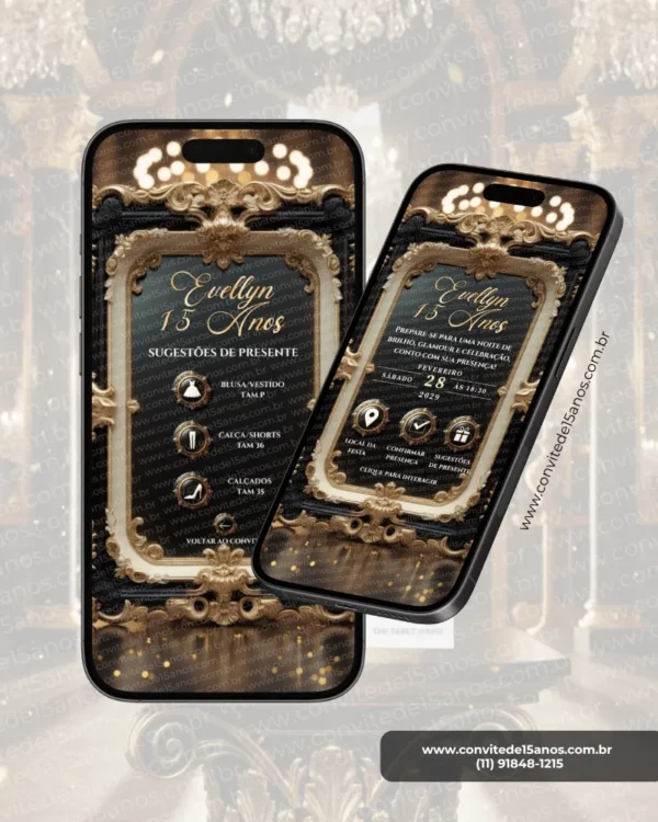 Convite de 15 anos revista Vogue sugestão de presente, com design sofisticado em preto e dourado, moldura clássica e detalhes luxuosos.