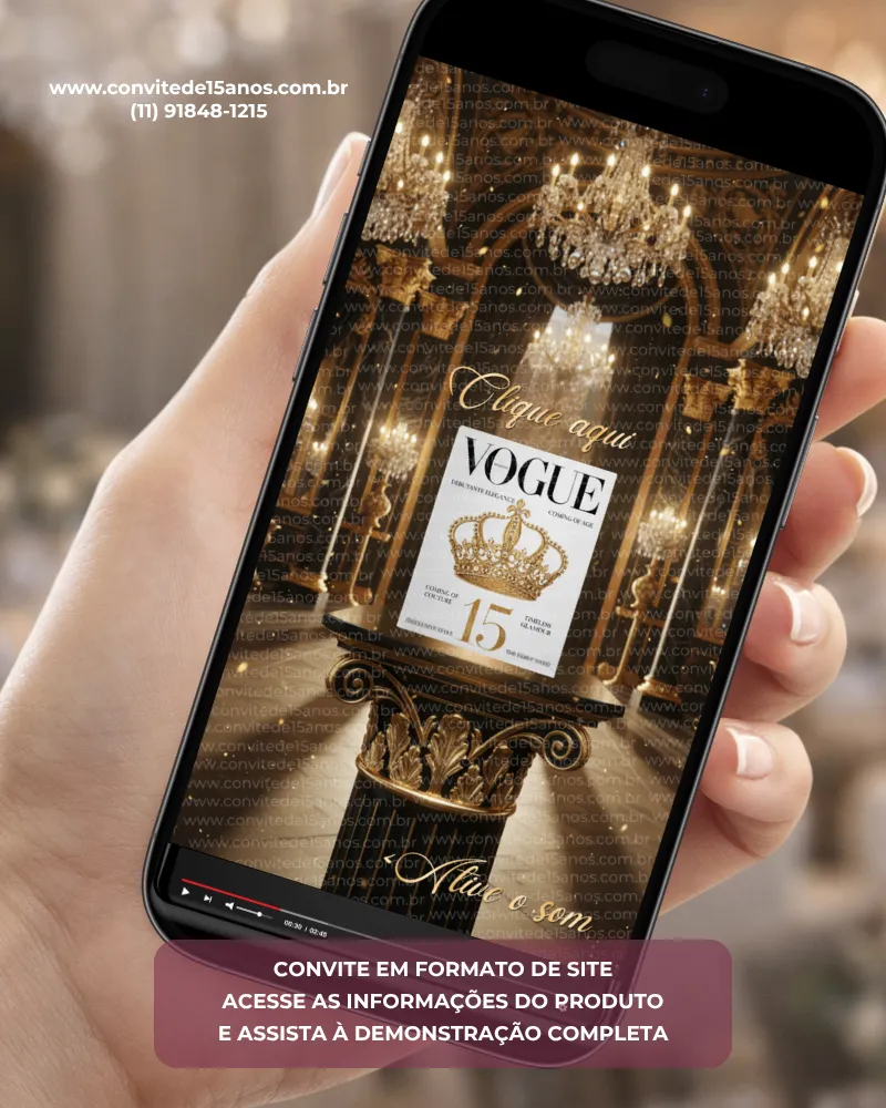 Convite de 15 anos revista Vogue, com design sofisticado em preto e dourado, coroa, revista temática e elementos de luxo.