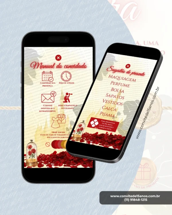 Manual do convidado do convite interativo A Bela e a Fera com envelope digital, com dicas, regras da festa e sugestões de presentes.