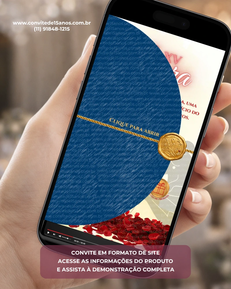 Convite Interativo A Bela e a Fera com envelope digital azul, selo dourado e pétalas de rosas vermelhas.