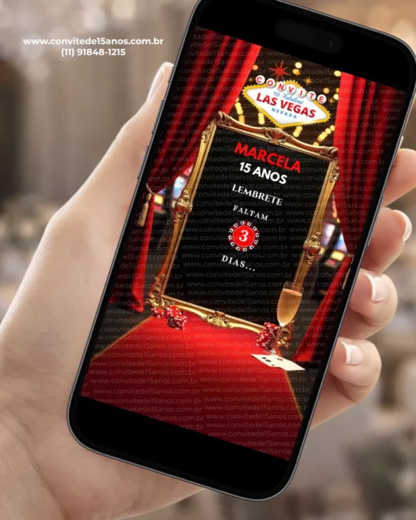Lembrete de 15 Anos Las Vegas com decoração inspirada na cidade de Las Vegas, letreiro luminoso, moldura dourada, cartas de baralho, dados e detalhes em vermelho, preto e dourado.