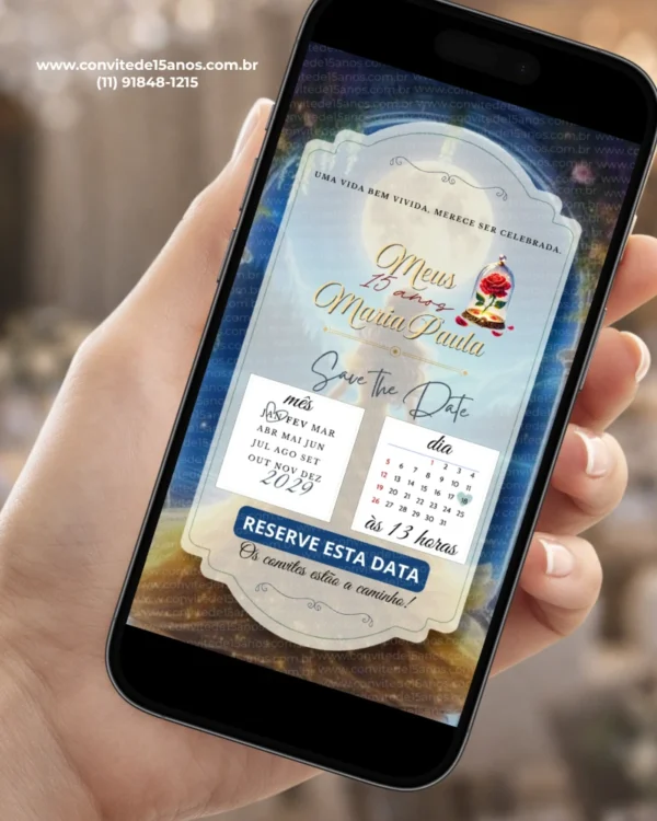 Save the Date A Bela e a Fera para 15 anos com rosa vermelha, detalhes dourados e calendário da festa.