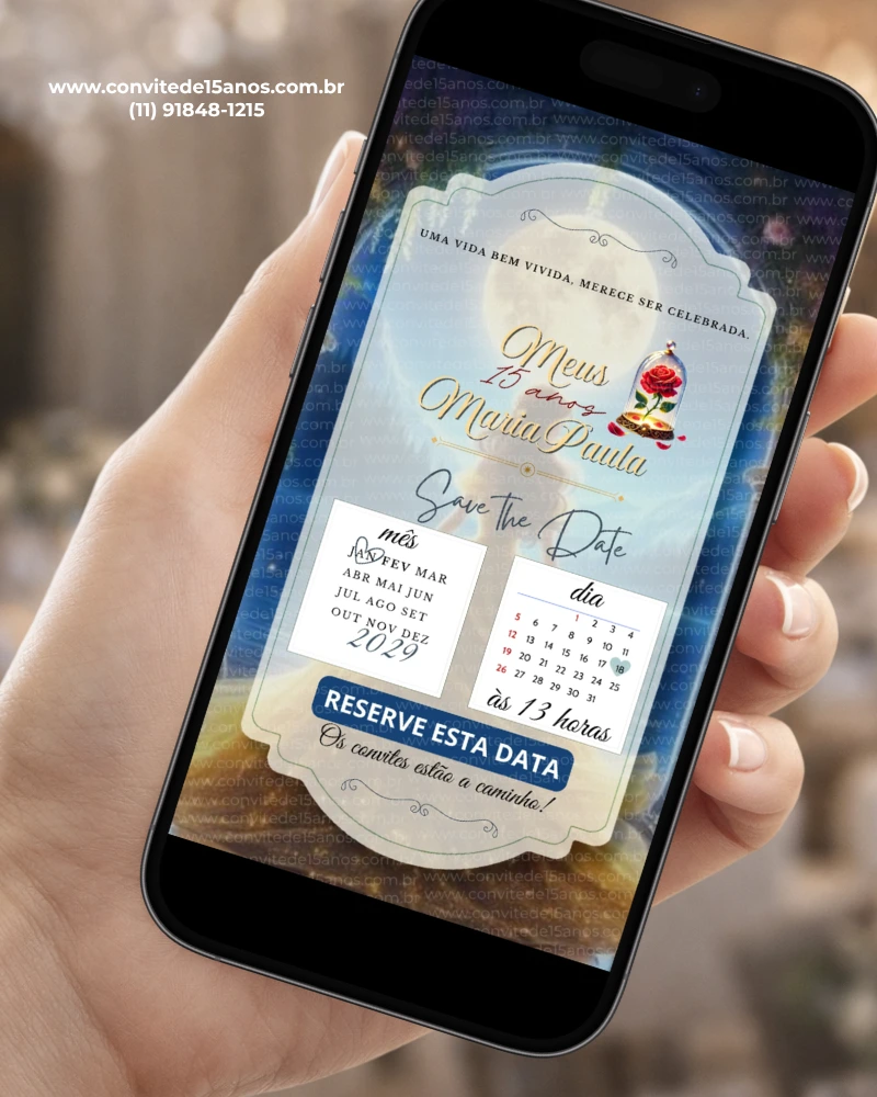 Save the Date A Bela e a Fera para 15 anos com rosa vermelha, detalhes dourados e calendário da festa.