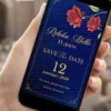 Save the Date A Bela e a Fera para Aniversário de 15 Anos com rosas vermelhas, fundo azul e detalhes dourados.