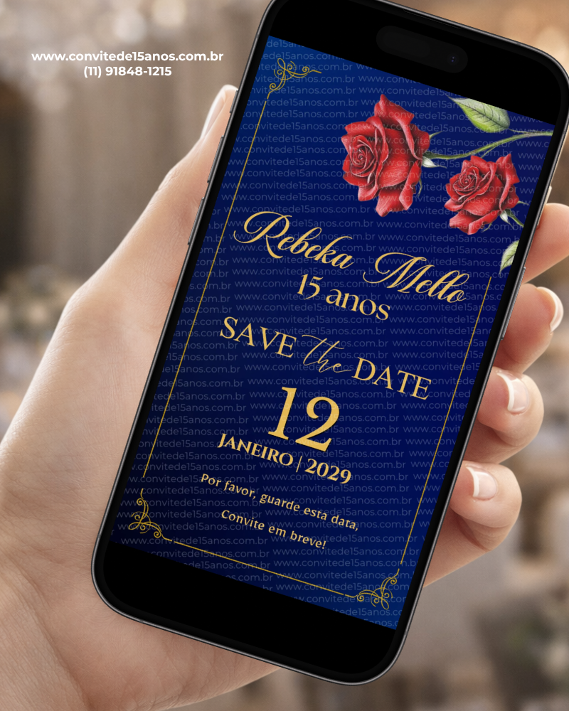 Save the Date A Bela e a Fera para Aniversário de 15 Anos com rosas vermelhas, fundo azul e detalhes dourados.