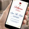 Save the Date Digital no Tema A Bela e a Fera com rosa vermelha, fundo branco, detalhes dourados e informações da data da festa.