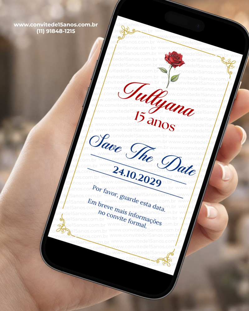Save the Date Digital no Tema A Bela e a Fera com rosa vermelha, fundo branco, detalhes dourados e informações da data da festa.