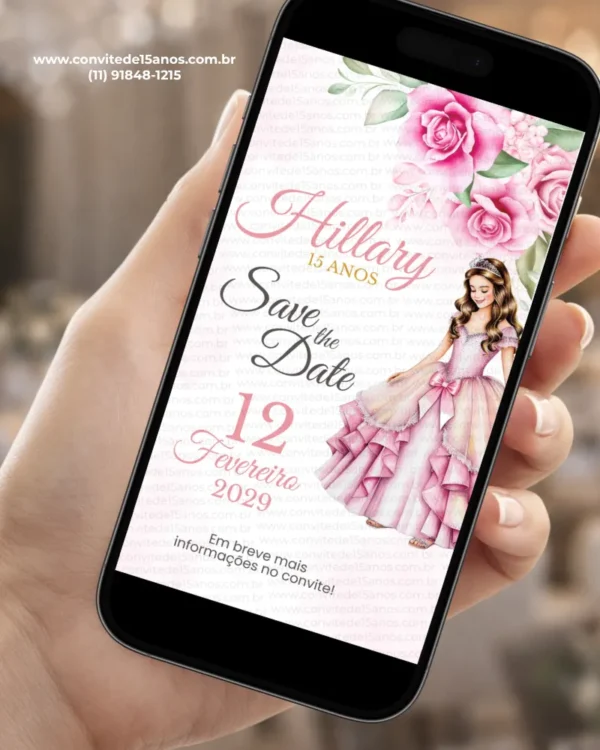 Save the Date digital para debutante rosa com princesa usando vestido rosa, flores cor-de-rosa e detalhes delicados.