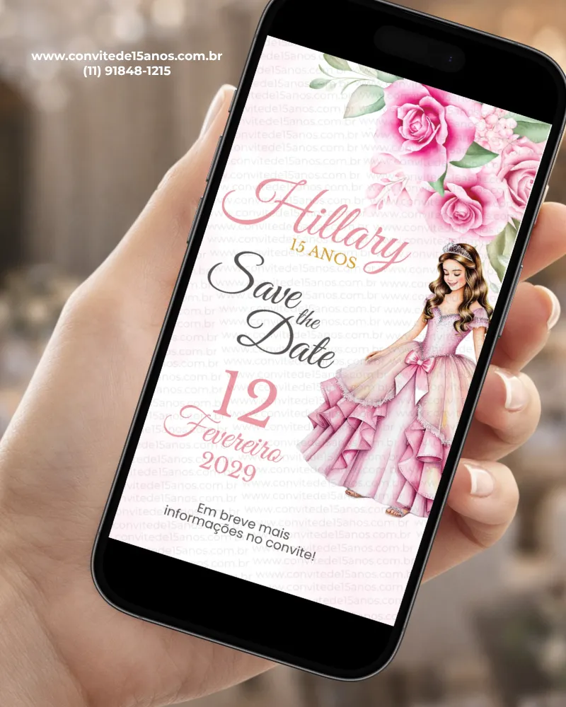 Save the Date digital para debutante rosa com princesa usando vestido rosa, flores cor-de-rosa e detalhes delicados.