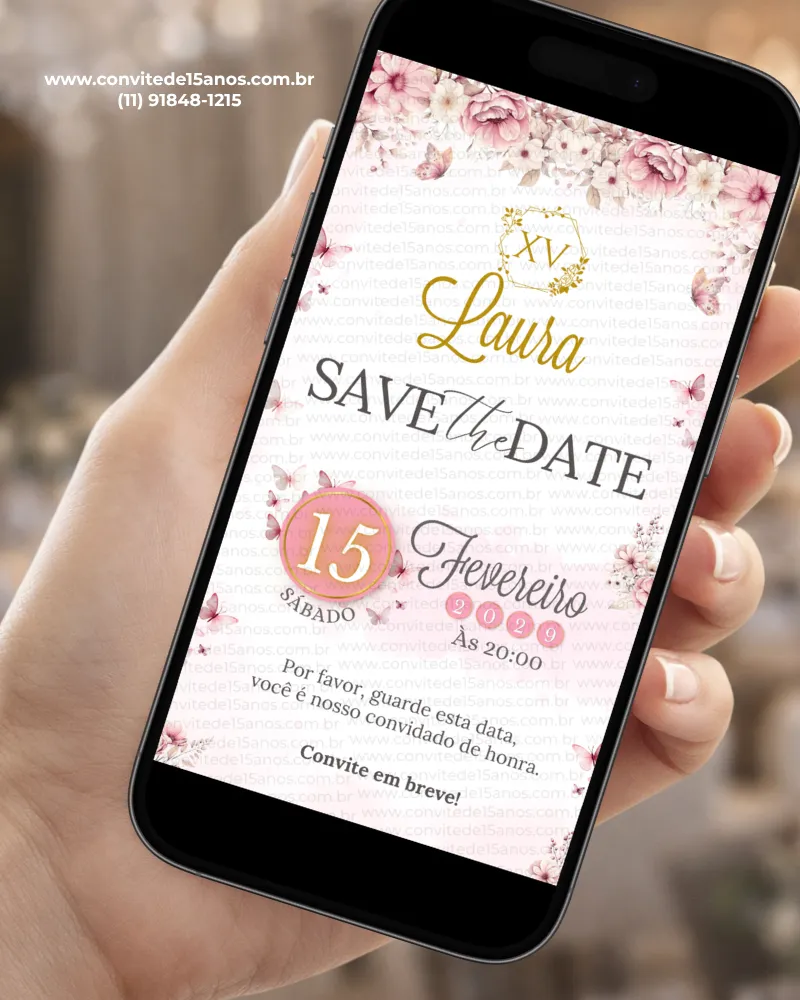 Save the Date Digital Rosa para 15 Anos, com flores delicadas, detalhes dourados, borboletas e design elegante para debutante.