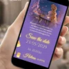Save the Date para Enrolados para Debutante Digital com Rapunzel, lanternas iluminadas, fundo roxo e detalhes dourados.