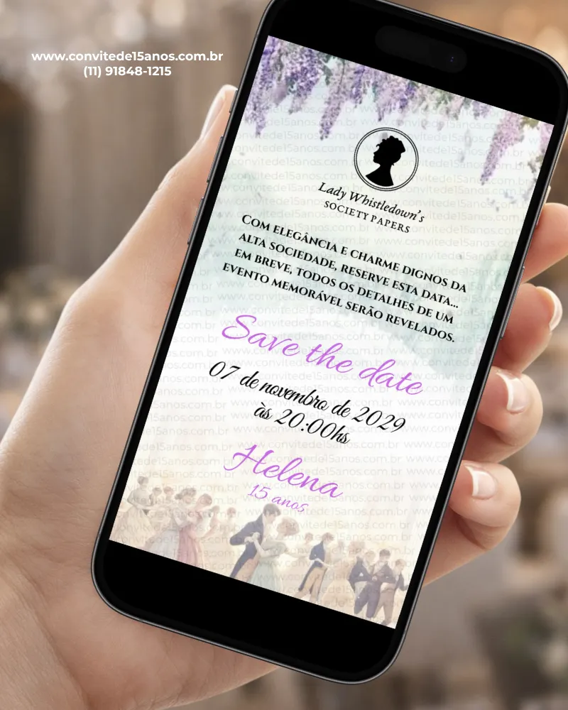 Save the Date para 15 Anos Bridgerton com fundo floral delicado, silhueta de Lady Whistledown, detalhes clássicos e referências à alta sociedade.