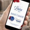 Save the Date no Tema A Bela e a Fera com flores vermelhas, detalhes em azul, número 15 e informações da festa.
