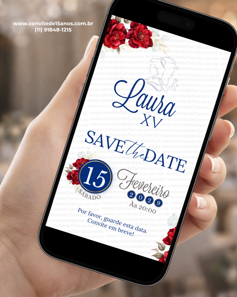 Save the Date no Tema A Bela e a Fera com flores vermelhas, detalhes em azul, número 15 e informações da festa.