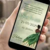 Save the Date para 15 Anos A Princesa e o Sapo com princesa em vestido verde, fundo inspirado em natureza e detalhes em tons de verde.