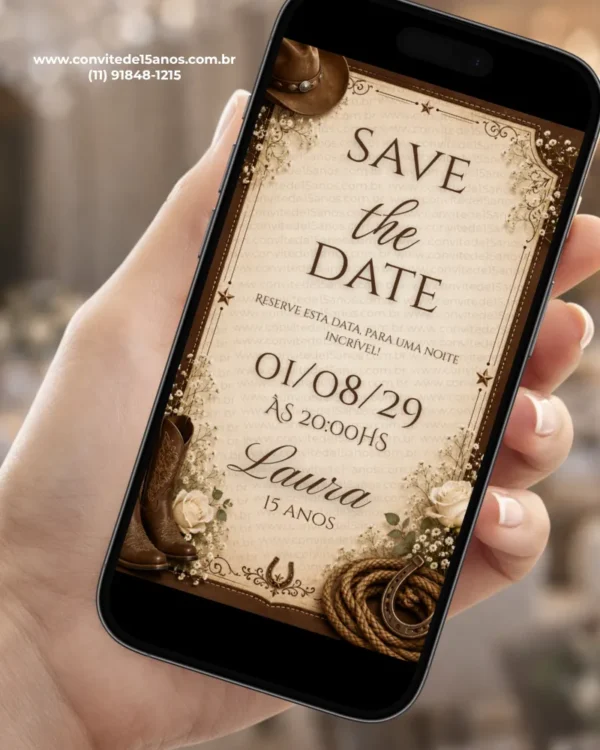 Save the Date para 15 Anos Country com botas, chapéu, corda, ferradura, flores delicadas e detalhes rústicos em tons de marrom.