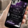 Save the Date para 15 Anos Euphoria com fundo roxo escuro, estrelas, bolas espelhadas e detalhes em prata.