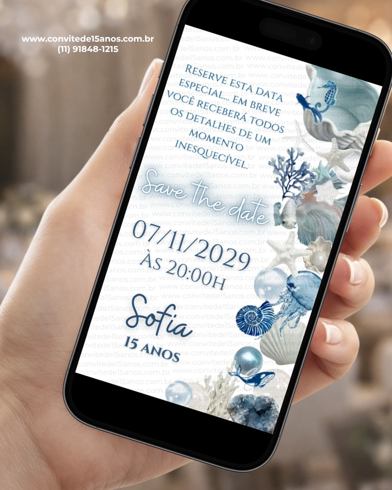 Save the Date para 15 Anos Fundo do Mar com sereia, conchas, estrelas-do-mar, cavalos-marinhos e detalhes em azul.
