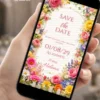 Save the Date para 15 Anos Jardim Colorido com flores rosas, amarelas, lilás e azuis em uma composição floral delicada.