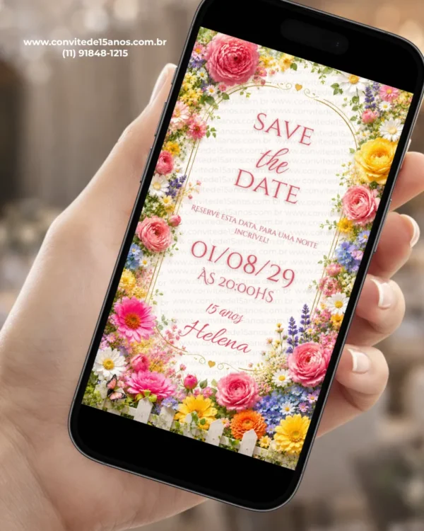 Save the Date para 15 Anos Jardim Colorido com flores rosas, amarelas, lilás e azuis em uma composição floral delicada.