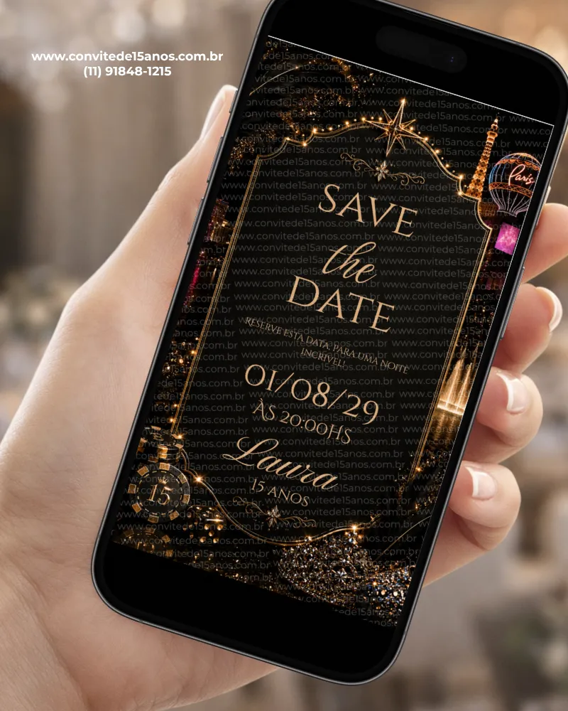 Save the Date para 15 Anos Las Vegas com fundo preto, detalhes dourados, estrelas brilhantes e elementos de cassino.