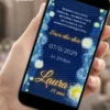 Save the Date para 15 Anos Van Gogh com fundo inspirado em Noite Estrelada, pinceladas em azul e amarelo e detalhes dourados.