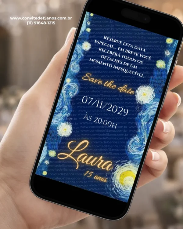Save the Date para 15 Anos Van Gogh com fundo inspirado em Noite Estrelada, pinceladas em azul e amarelo e detalhes dourados.