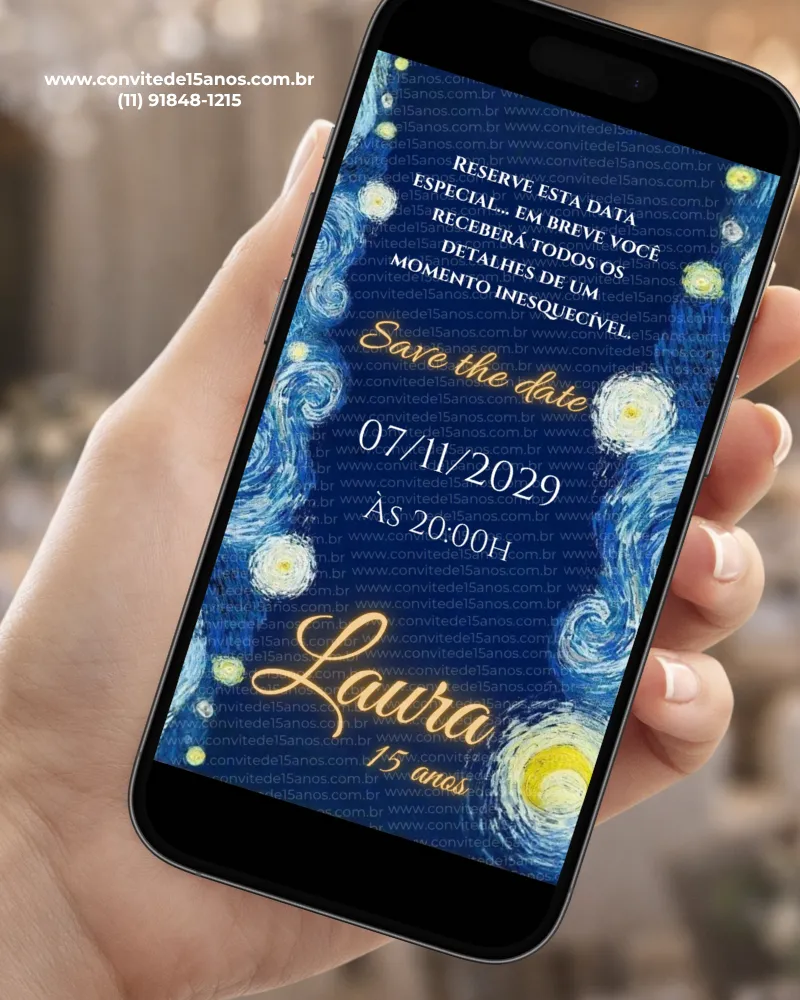 Save the Date para 15 Anos Van Gogh com fundo inspirado em Noite Estrelada, pinceladas em azul e amarelo e detalhes dourados.