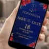 Save the Date para Aniversário de 15 Anos A Bela e a Fera com fundo azul, rosas vermelhas, folhagens e detalhes dourados.