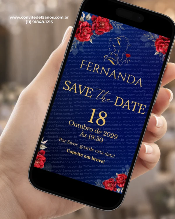Save the Date para Aniversário de 15 Anos A Bela e a Fera com fundo azul, rosas vermelhas, folhagens e detalhes dourados.