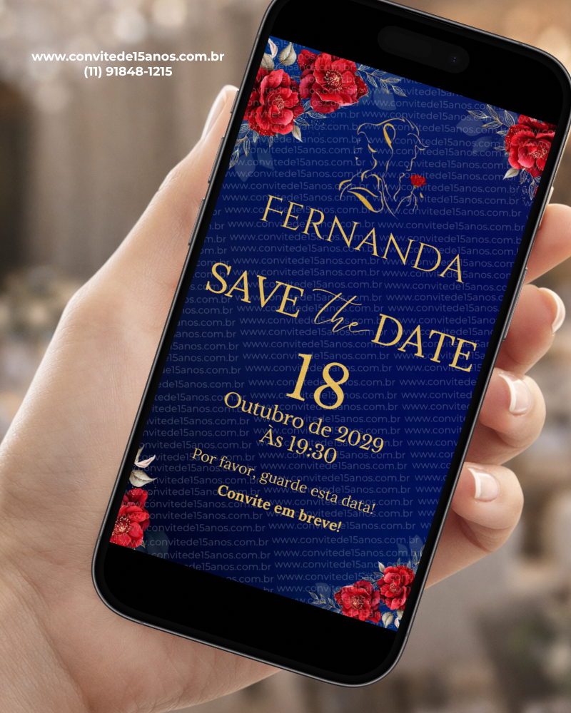 Save the Date para Aniversário de 15 Anos A Bela e a Fera com fundo azul, rosas vermelhas, folhagens e detalhes dourados.