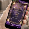 Save the Date Rapunzel para 15 anos, com decoração em tons de roxo e dourado, moldura ornamental, flores roxas, lanternas e detalhes inspirados na princesa Rapunzel.