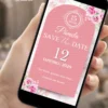 Save the Date rosa para aniversário de 15 anos com flores cor-de-rosa, rosas, detalhes dourados e design elegante.