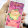 Convite de 15 anos Tardezinha Digital com folhagens tropicais, palmeiras, cores vibrantes e detalhes inspirados no verão.
