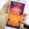Convite digital Tardezinha para festa de 15 anos, com palmeiras, cores vibrantes e design tropical personalizado.