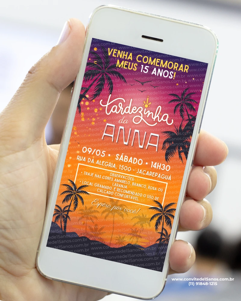 Convite digital Tardezinha para festa de 15 anos, com palmeiras, cores vibrantes e design tropical personalizado.