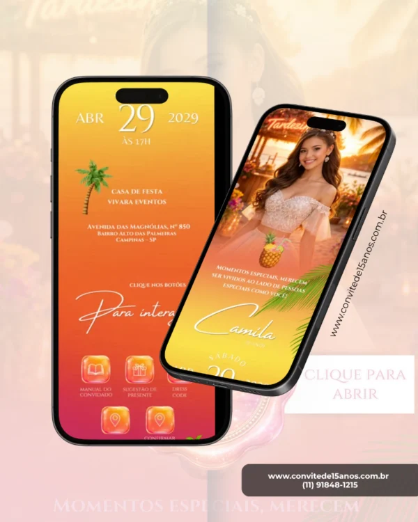 Convite Interativo Infinito Tardezinha com página interna, informações da festa de 15 anos e botões interativos em smartphone.