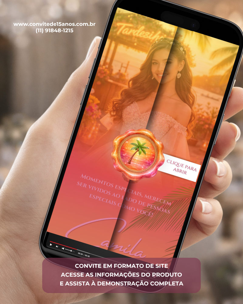 Convite Interativo Infinito Tardezinha para festa de 15 anos, com capa personalizada, foto da aniversariante e abertura interativa em smartphone.
