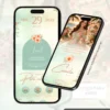 Convite interativo infinito tropical com página interna, informações da festa de 15 anos e botões de navegação em dois smartphones.
