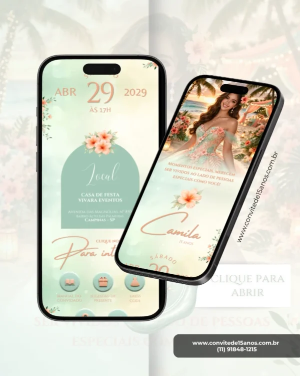Convite interativo infinito tropical com página interna, informações da festa de 15 anos e botões de navegação em dois smartphones.