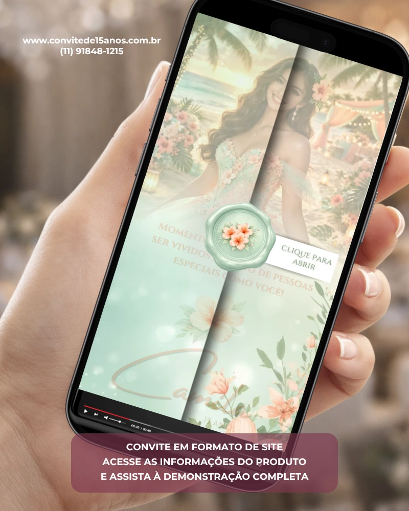 Convite interativo infinito tropical para 15 anos, com foto da debutante, envelope digital e decoração de flores tropicais.