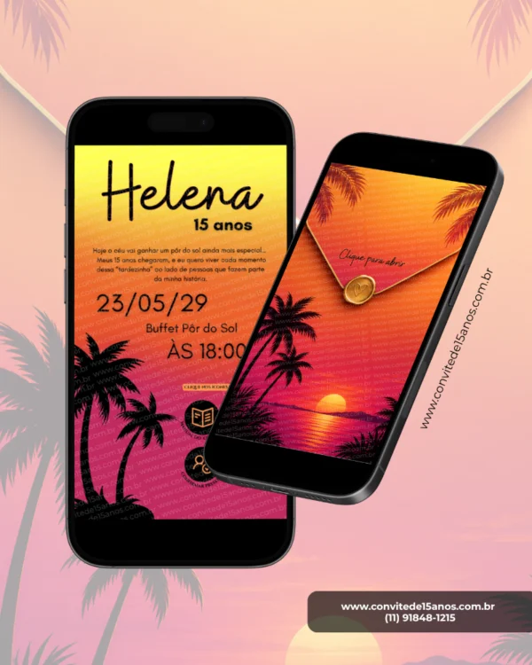 Convite interativo Tardezinha com envelope digital e página interna para festa de 15 anos, apresentado em dois smartphones.