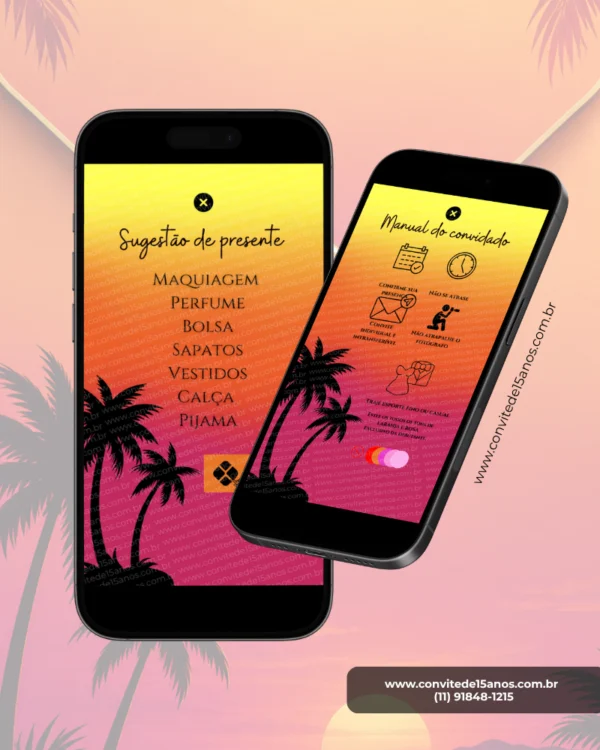 Convite interativo Tardezinha com envelope digital e página de sugestão de presentes para festa de 15 anos.