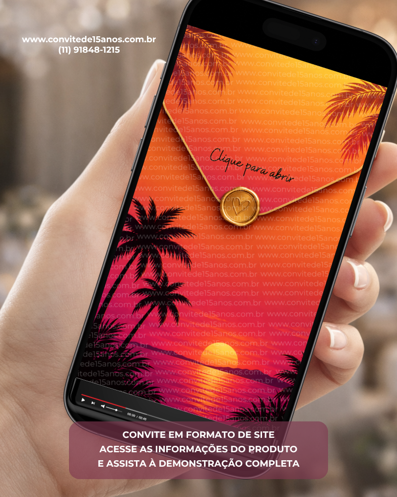 Convite interativo Tardezinha com envelope digital para festa de 15 anos, apresentado em smartphone, com design tropical em tons de laranja, pink e palmeiras.